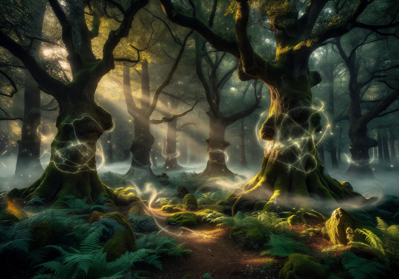 A dense, mystical forest representing the Arthur's Legacy theme