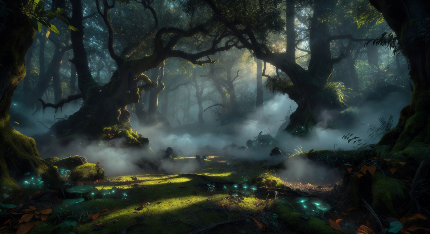 Deep misty enchanted forest background