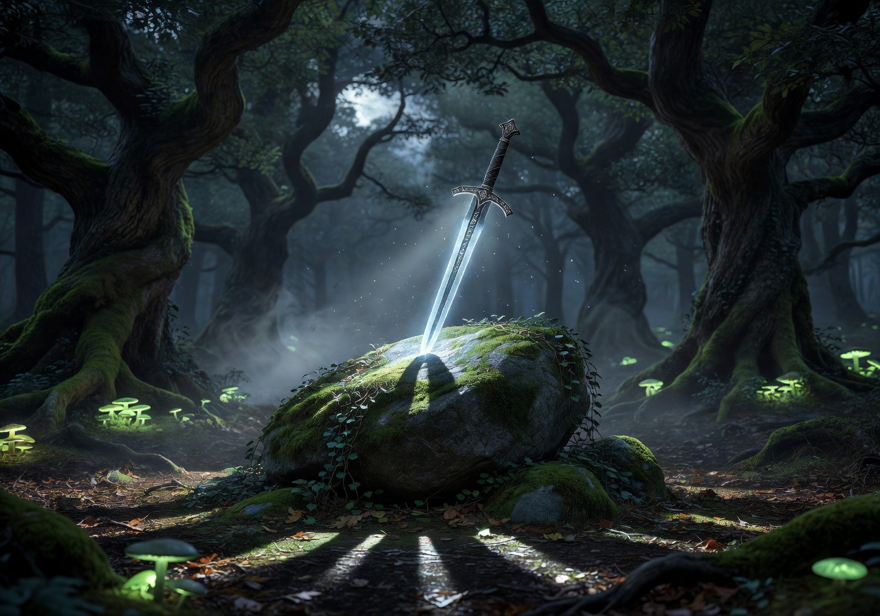 Mystical glowing sword in the stone within a deep forest